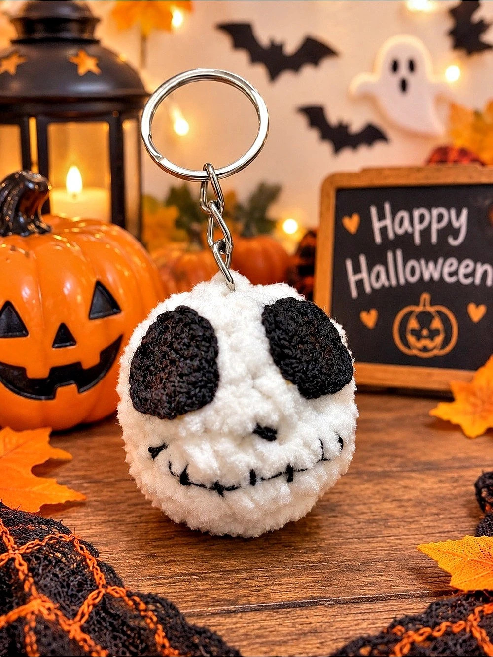 Halloween Skull Plush Keychain White & Black Like New